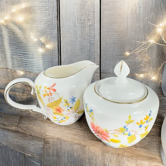 Meritage Pink Astor Creamer And Sugar Set Gold Trim Floral Pattern Porcelain VTG - Picture 1 of 16